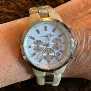 NEW BATTERY Michael Kors Silver/Tan Ceramic Watch
